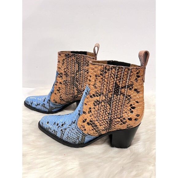 Ganni Two-tone Snake Embossed Leather Western Ankle Boots Blue Brown US 8 EUR38 - Picture 8 of 13